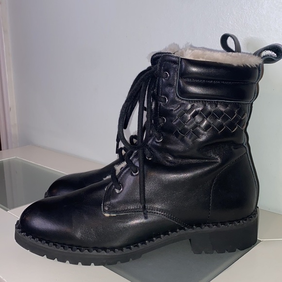 BOTTEGA VENETA Intrecciato Weave Calf Leather Lamb Fur Lined Combat Boots-Sz 8 - Picture 9 of 15